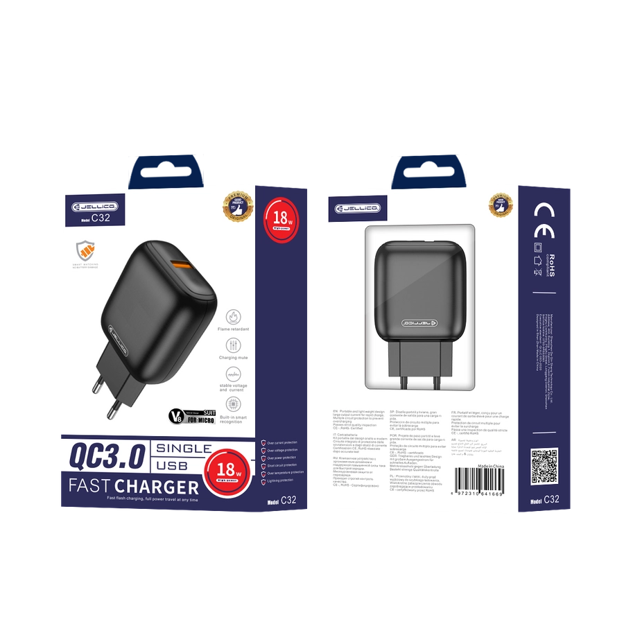 JELLICO ładowarka sieciowa C32 18W 1xUSB QC3.0 + kabel Micro USB Czarny