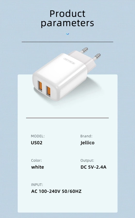 JELLICO ładowarka sieciowa EU02 2.4A 12W 2xUSB Biały