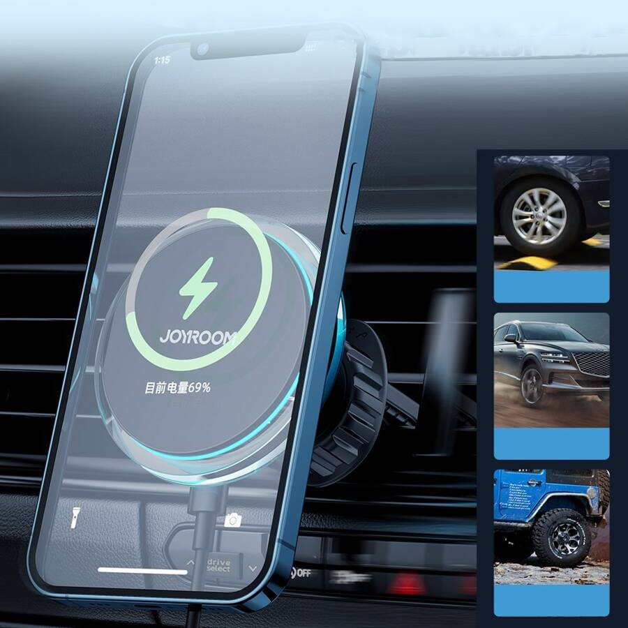 Joyroom samochodowy uchwyt magnetyczny bezprzewodowa indukcyjna ładowarka Qi 15W (kompatybilna z MagSafe do iPhone) na kratkę nawiewu srebrny (JR-ZS291)