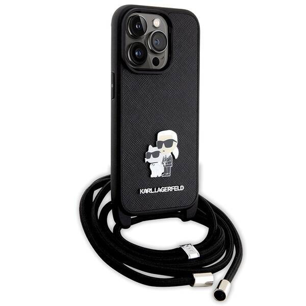 KARL LAGERFELD KLHCP14LSAKCPSK IPHONE 14 PRO 6.1" HARDCASE CZARNY/BLACK CROSSBODY SAFFIANO METAL PIN KARL & CHOUPETTE