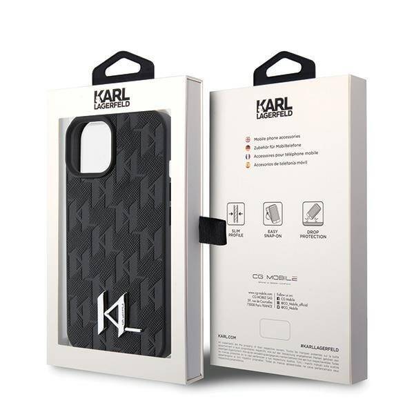 KARL LAGERFELD KLHCP15SPKLPKLK IPHONE 15 / 14 / 13 6.1" CZARNY/BLACK HARDCASE LEATHER MONOGRAM HOT STAMP METAL LOGO