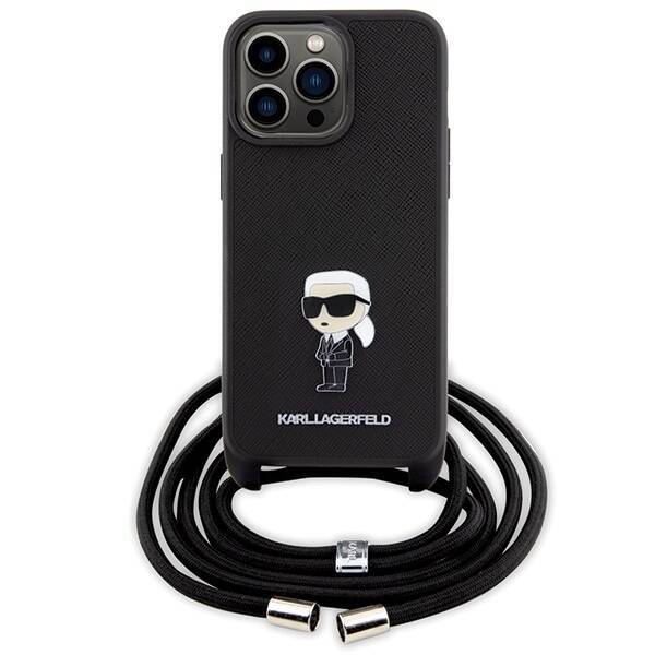 KARL LAGERFELD KLHCP15XSASKNPSK IPHONE 15 PRO MAX 6.7" HARDCASE CZARNY/BLACK CROSSBODY SAFFIANO MONOGRAM METAL PIN KARL & CHOUPETTE