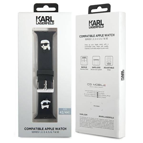 KARL LAGERFELD PASEK KLAWLSLKCNK APPLE WATCH 42/44/45/49MM CZARNY/BLACK STRAP 3D RUBBER KARL&CHOUPETTE HEADS