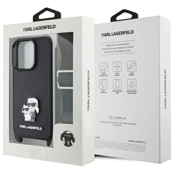 Karl Lagerfeld KLHCP16LSAKCPBK iPhone 16  Pro 6.3" czarny/black hardcase Saffiano Karl&Choupette Metal Pin CBDY Strap