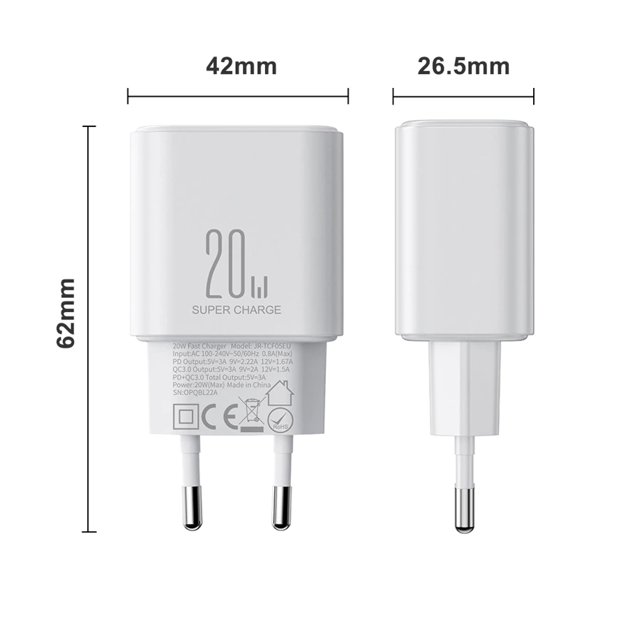 Ładowarka EU Joyroom JR-TCF05 20W USB-A USB-C + kabel USB-C - biała