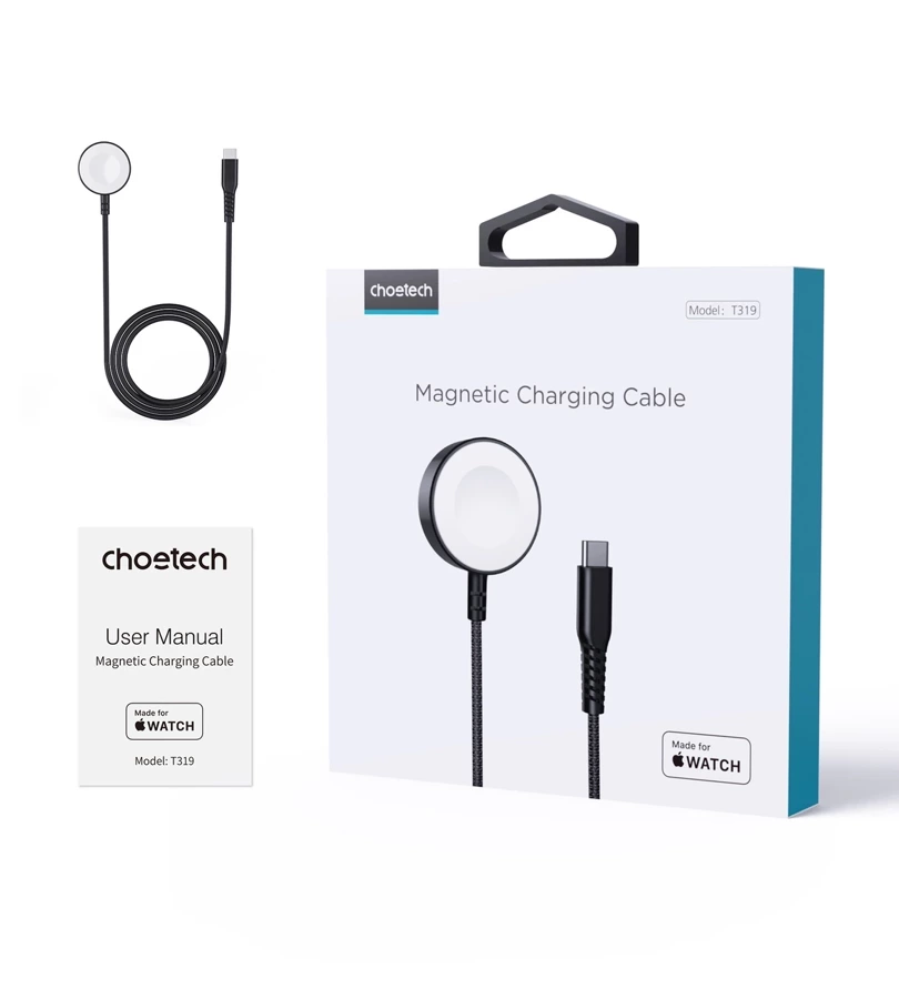 Ładowarka bezprzewodowa Choetech T319 MFI o mocy 5W, do Apple Watch + kabel USB-C - czarna