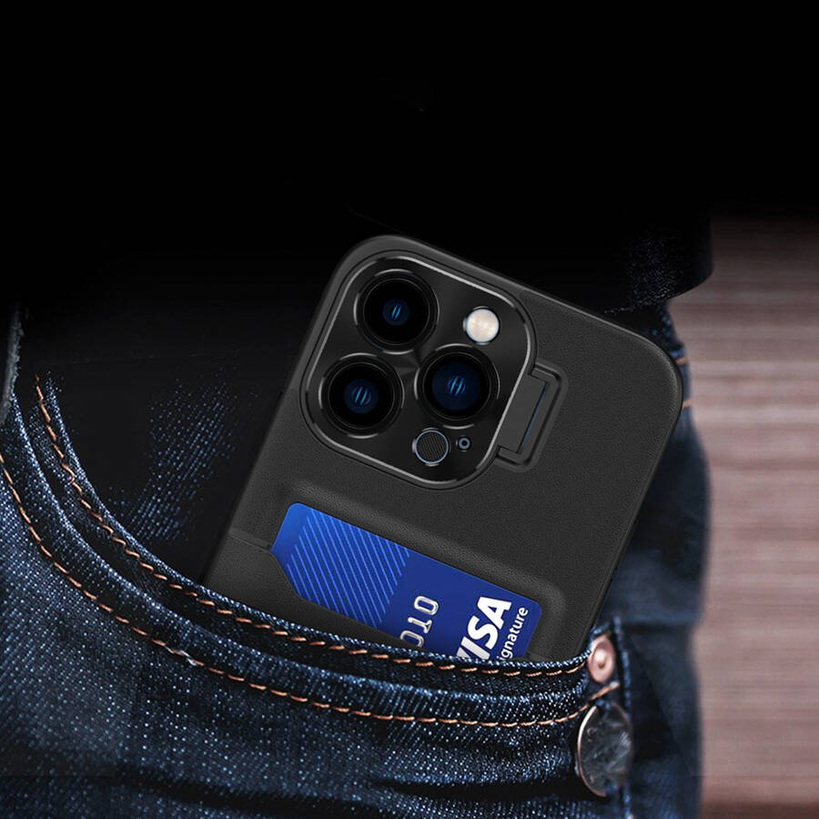 Leather Stand Case etui do iPhone 14 Plus pokrowiec portfel na kartę z podstawką czarne