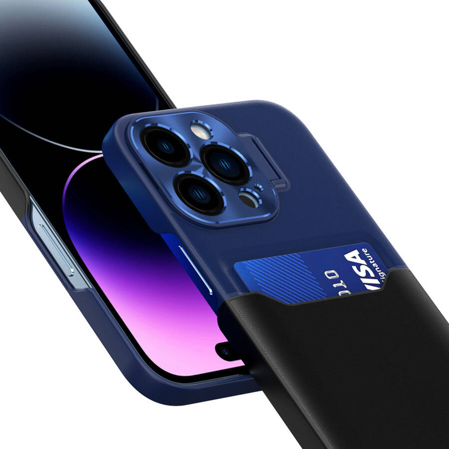 Leather Stand Case etui do iPhone 14 Pro Max pokrowiec portfel na kartę z podstawką niebieskie