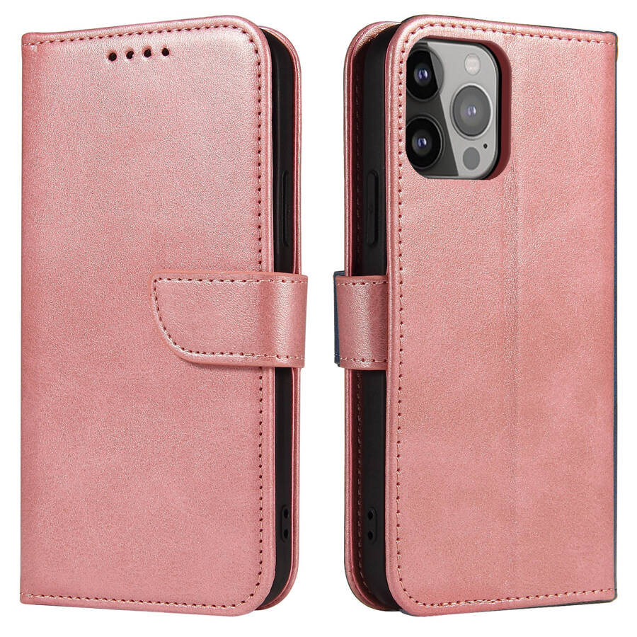 Magnet Case elegancki futerał etui pokrowiec z klapką i funkcją podstawki iPhone 14 Pro różowy