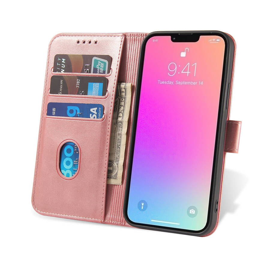 Magnet Case elegancki futerał etui pokrowiec z klapką i funkcją podstawki iPhone 14 Pro różowy