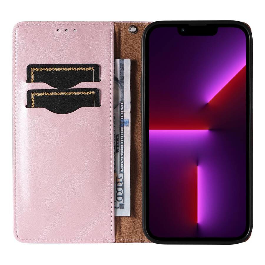 Magnet Strap Case etui iPhone 14 Pro Max pokrowiec z klapką portfel mini smycz podstawka różowe