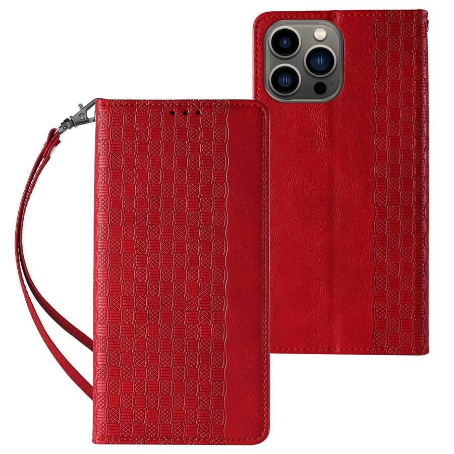 Magnet Strap Case etui iPhone 14 Pro pokrowiec z klapką portfel mini smycz podstawka czerwone