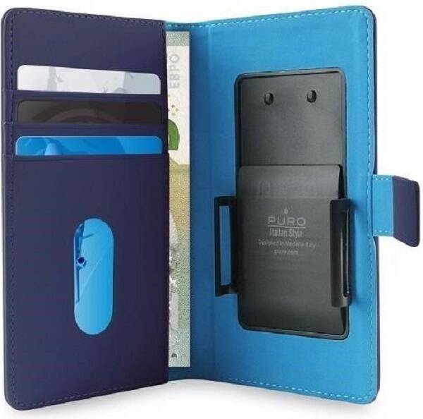 PURO Smart Wallet XL etui uniwersalne niebieskie/blue 5.1" z uchwytem foto oraz kieszeniami na karty i pieniądze UNIWALLET3BLUEXL