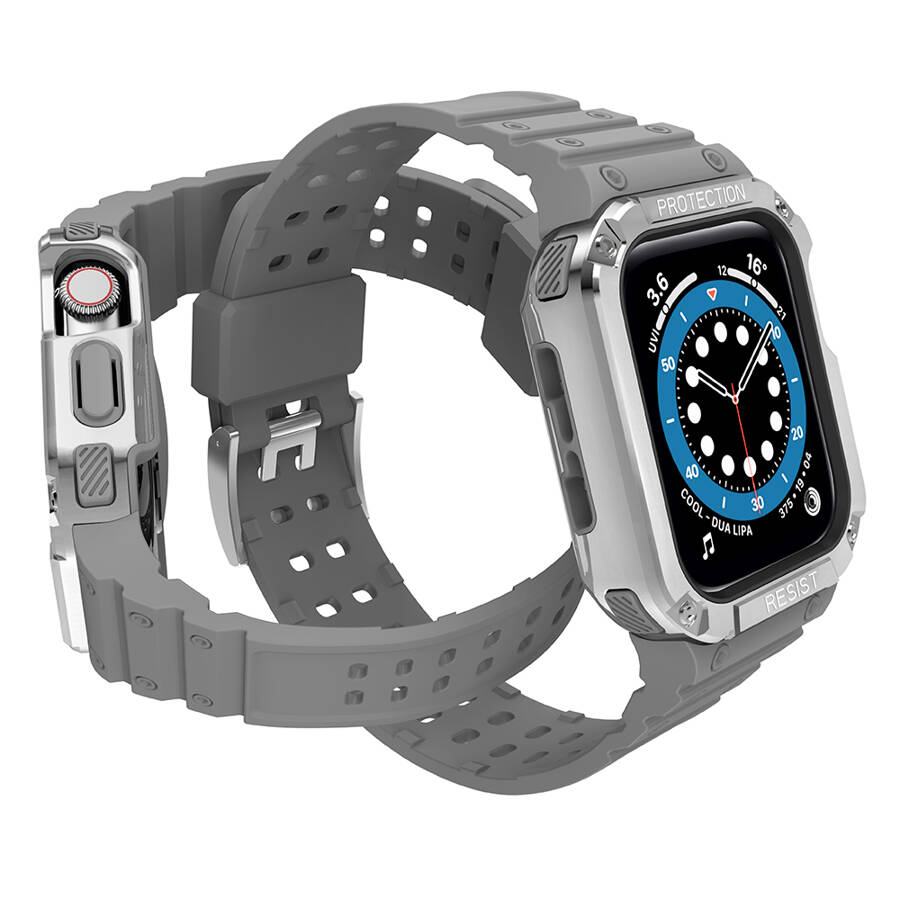 Protect Strap Band opaska z etui do Apple Watch 7 / 6 / 5 / 4 / 3 / 2 / SE (45 / 44 / 42mm) obudowa pancerny pokrowiec na zegarek szary