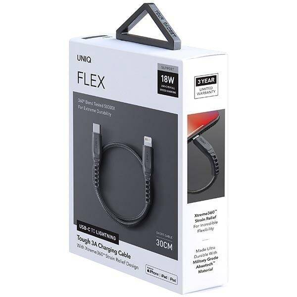 UNIQ Kabel Flex USB-C-Lightning 18W nylonowy 30cm szary/charcoal grey