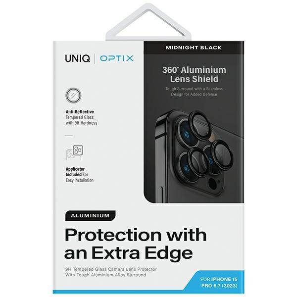 UNIQ Optix Aluminium Camera Lens Protector iPhone 15 Pro Max 6.7" midnight black szkło na obiektyw aparatu z aplikatorem