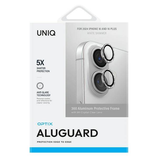 UNIQ Optix Aluminium Camera Lens Protector iPhone 16 6.1" / 16 Plus 6.7" white shimmer szkło na obiektyw aparatu z aplikatorem