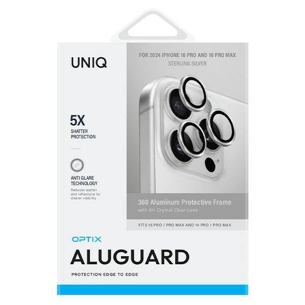 UNIQ Optix Aluminium Camera Lens Protector iPhone 16 Pro 6.3" / 16 Pro Max 6.9" sterling silver szkło na obiektyw aparatu z aplikatorem