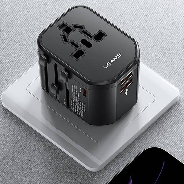 USAMS Adapter siec 2xUSB+1xUSB-C T59 20W 4w1 US/AU/EU/UK czarny/black CC179TC01 (US-CC179) Universal Travel Charger