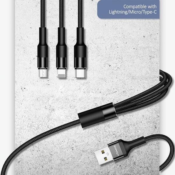 USAMS Kabel pleciony U5 3w1 1,5m 2A czarny/black (lightning/microUSB/USB-C) SJ2193IN101 (US-SJ219)