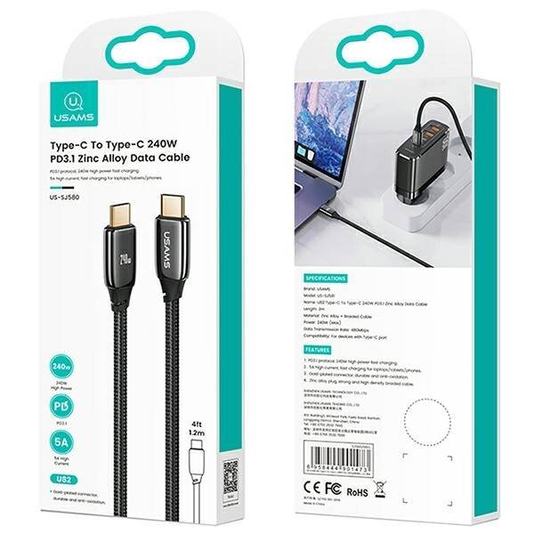 USAMS Kabel pleciony U82 USB-C na USB-C 1.2m 240W PD 3.1 Fast Charging czarny/black SJ580USB01 (US-SJ580)