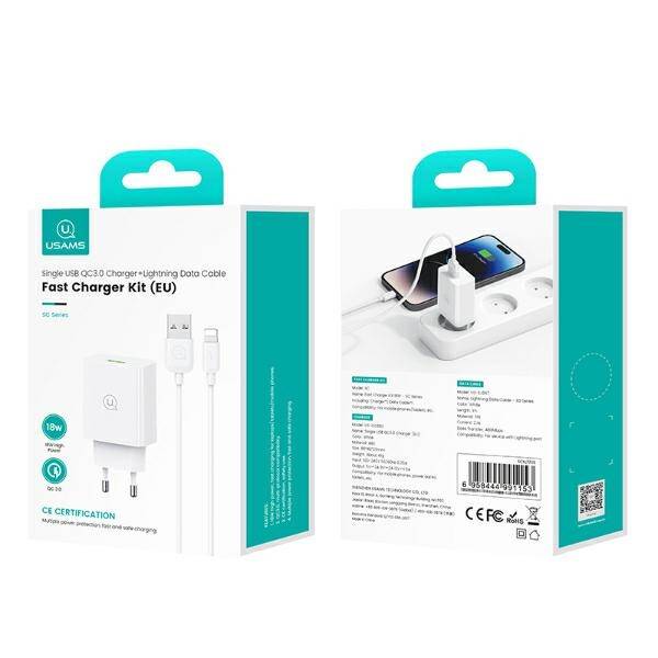 USAMS Ład. siec. 18W + kabel Lightning/ USB-A Fast Charging biały/white series SC SCXLTZ03