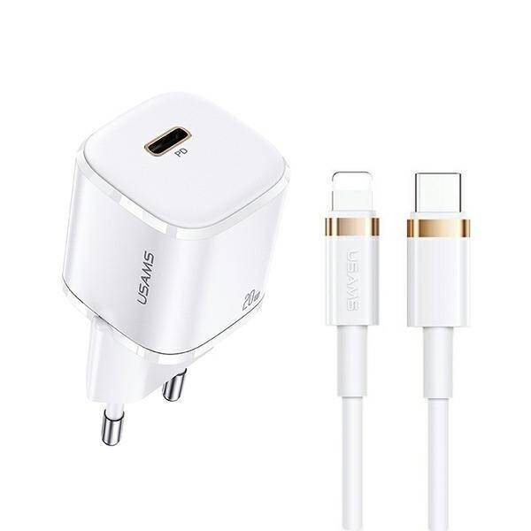 USAMS Ład. siec. 1xUSB-C T36 mini 20W + kabel USB-C-Lightning biały/white PD3.0 Fast Charging XFKXLOGTL02 (US-CC124+US-SJ484)