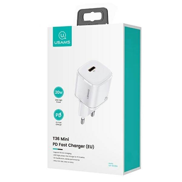 USAMS Ład. siec. 1xUSB-C T36 mini 20W + kabel USB-C-Lightning biały/white PD3.0 Fast Charging XFKXLOGTL02 (US-CC124+US-SJ484)