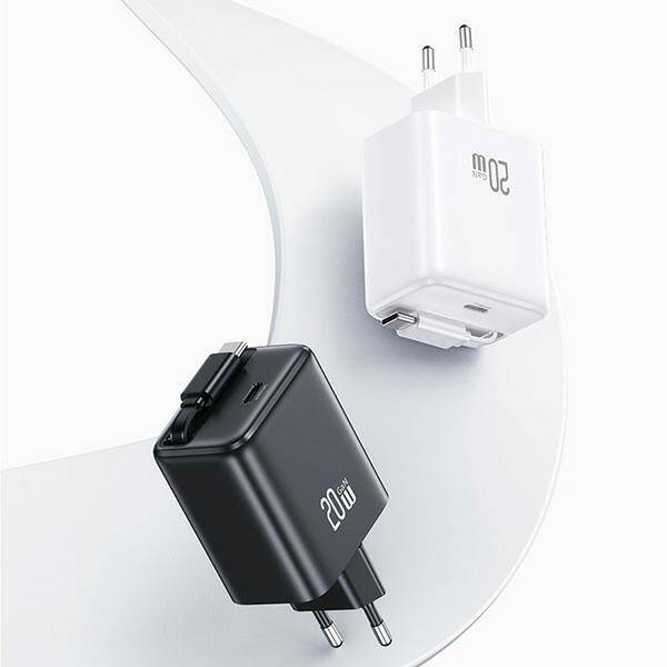 USAMS Ład. siec. 1xUSB-C ze zwijanym kablem USB-C Retractable PD+QC 20W Gan Fast Charging biały/white YC Series CC233TC02 (US-CC233)