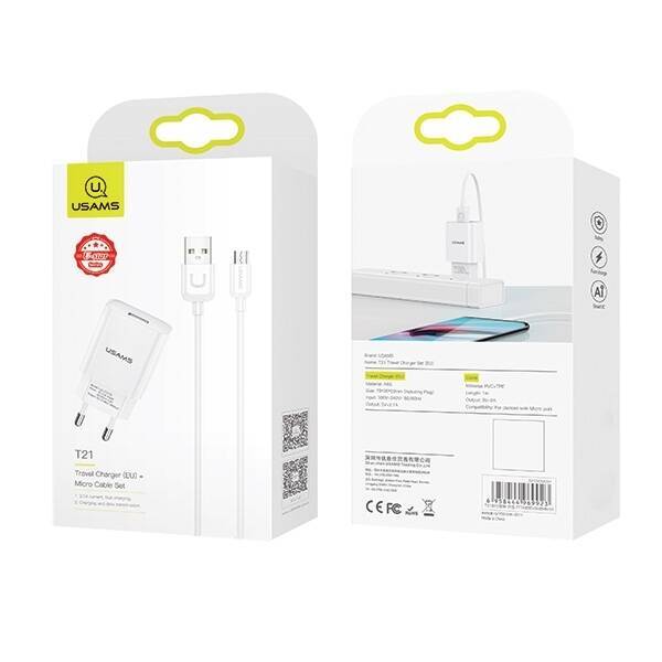 USAMS Ład. siec. 1xUSB T21 micro USB biały/white 2,1A Fast Charging T21OCMC01