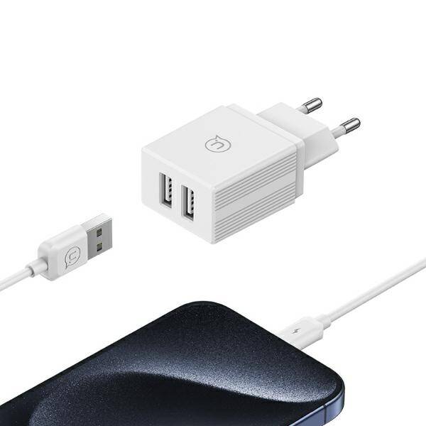 USAMS Ład. siec. 2xUSB 18W + kabel Lightning/USB-A Fast Charging biały/white series HC HCXLTZ01