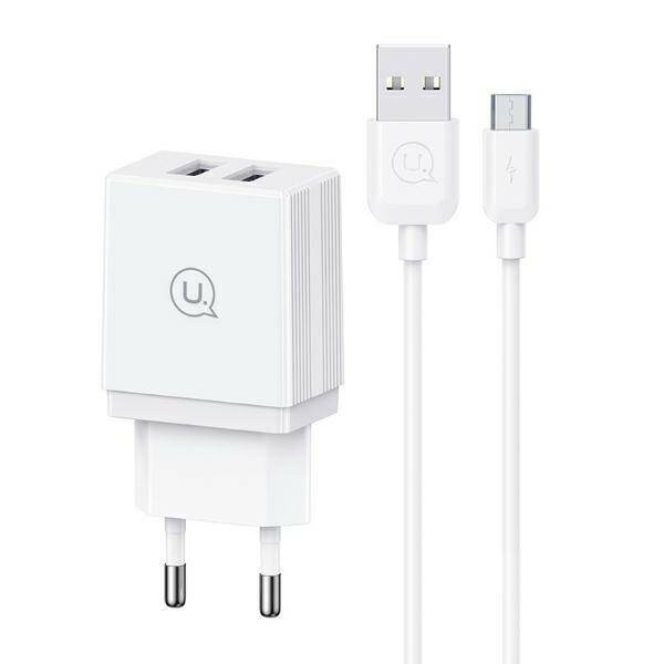 USAMS Ład. siec. 2xUSB-A + kabel Micro/ USB-A Fast Charging biały/white series HC HCXLTZ02