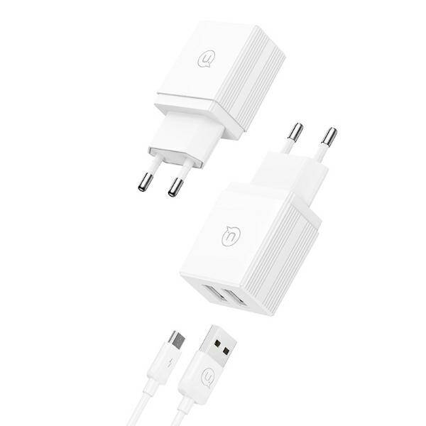 USAMS Ład. siec. 2xUSB-A + kabel Micro/ USB-A Fast Charging biały/white series HC HCXLTZ02