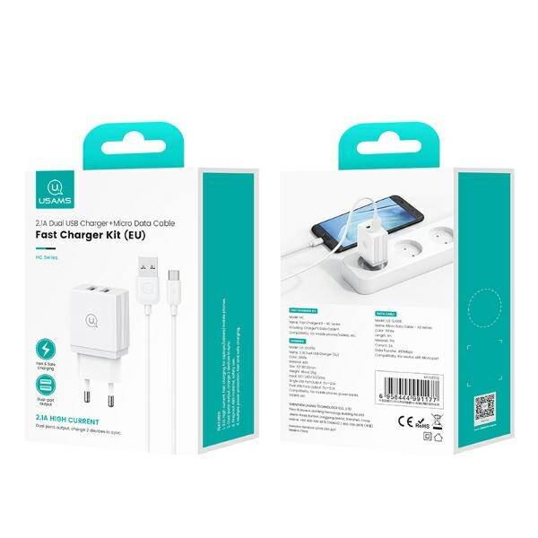 USAMS Ład. siec. 2xUSB-A + kabel Micro/ USB-A Fast Charging biały/white series HC HCXLTZ02