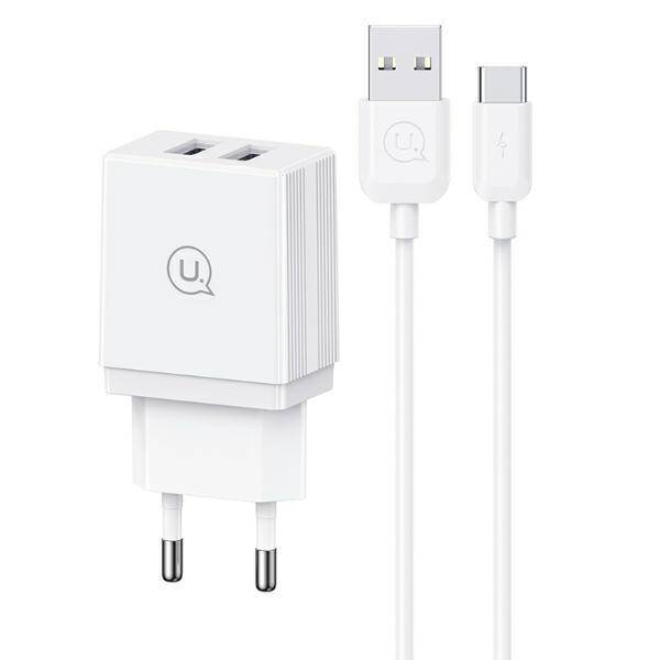 USAMS Ład. siec. 2xUSB-A + kabel USB-C/ USB-A Fast Charging biały/white series HC HCXLTZ03