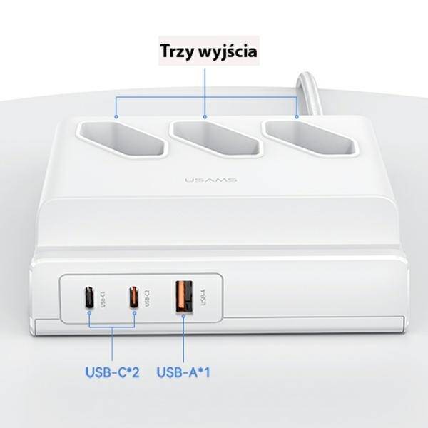 USAMS Listwa zasilająca 65W Super Si Fast Charging USB Extension Socket EU biały/white CC160TC01 (US-CC160)