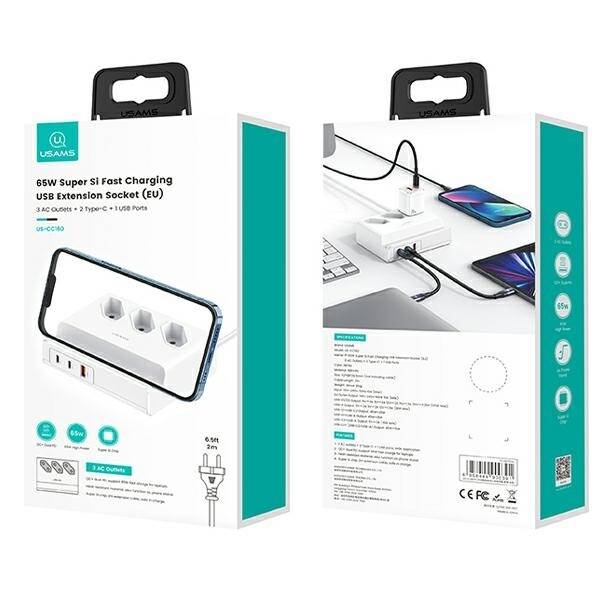 USAMS Listwa zasilająca 65W Super Si Fast Charging USB Extension Socket EU biały/white CC160TC01 (US-CC160)