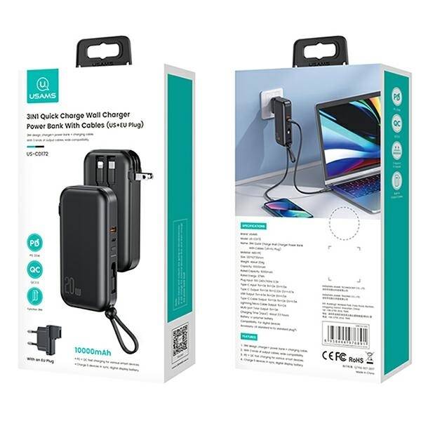 USAMS Powerbank PB63 3in1 10000mAh 20W Quick Charge US+EU Plug + Cables USB-C/Lightning/MicroUSB czarny/black 10KCD17201 (US-CD172)