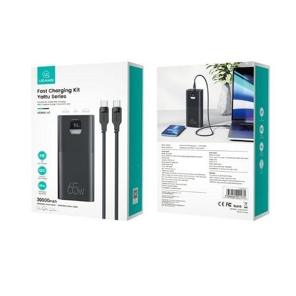 USAMS Powerbank PB68 30000mAh 65W QC3.0+PD Fast Charge + kabel USB-C/USB-C 100W czarny/black ATXLOGTCTG01 (US-CD185)