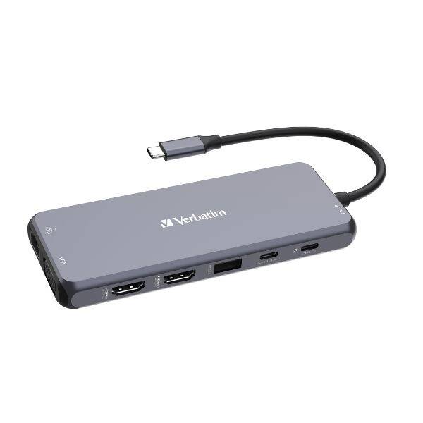 Verbatim Adapter Hub USB-C - 2xHDMI/VGA/  Eternet/5xUSB-A/Jack 3.5mm/2xUSB-C/SD/microSD aluminiowy/aluminum 32154