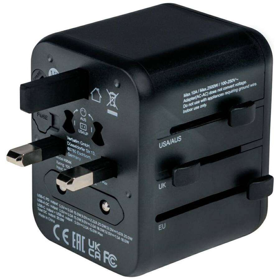 Verbatim Adapter podróżny EU/UK/US 2xUSB-A/USB-C PD 20W UTA-02 czarny/black 49544