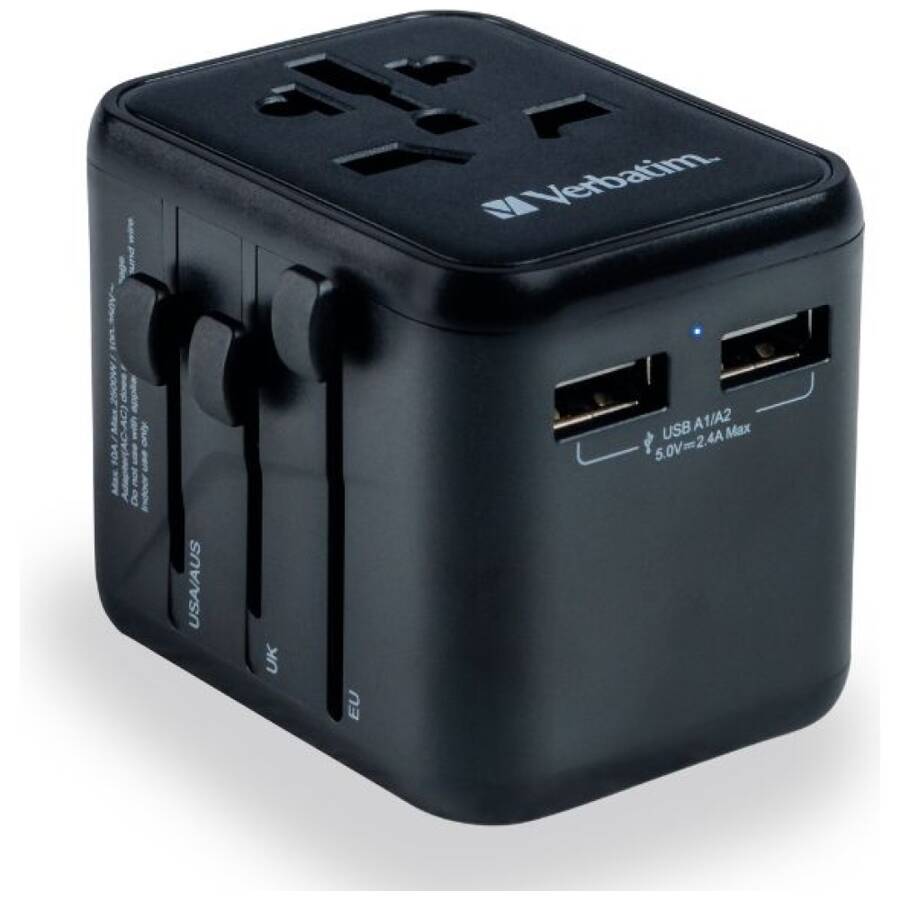 Verbatim Adapter podróżny EU/UK/US 2xUSB-A UTA-01 czarny/black 49543