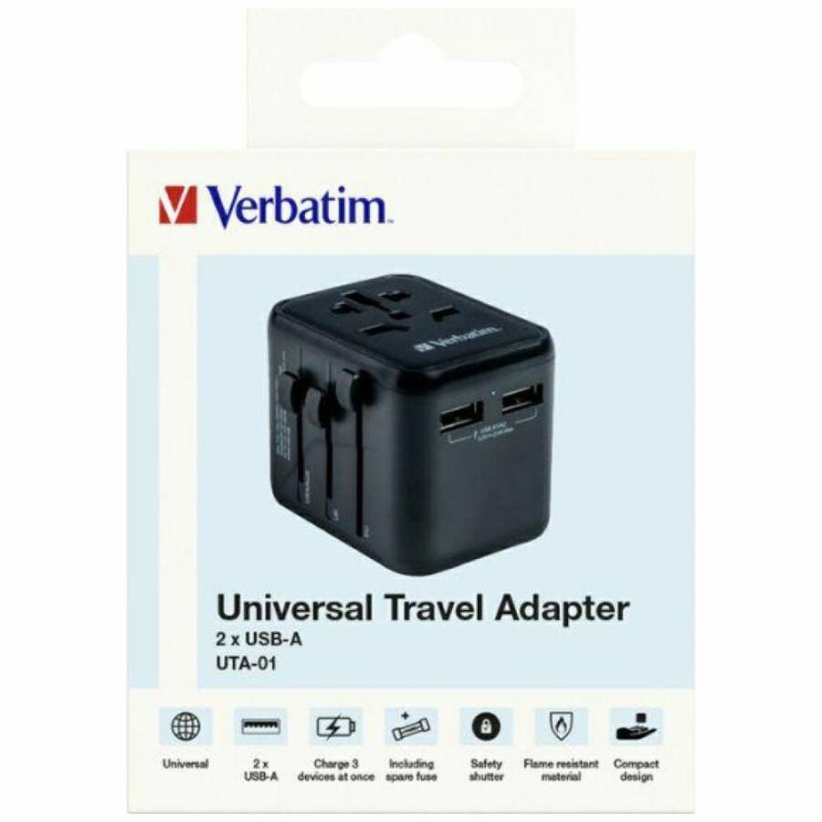 Verbatim Adapter podróżny EU/UK/US 2xUSB-A UTA-01 czarny/black 49543