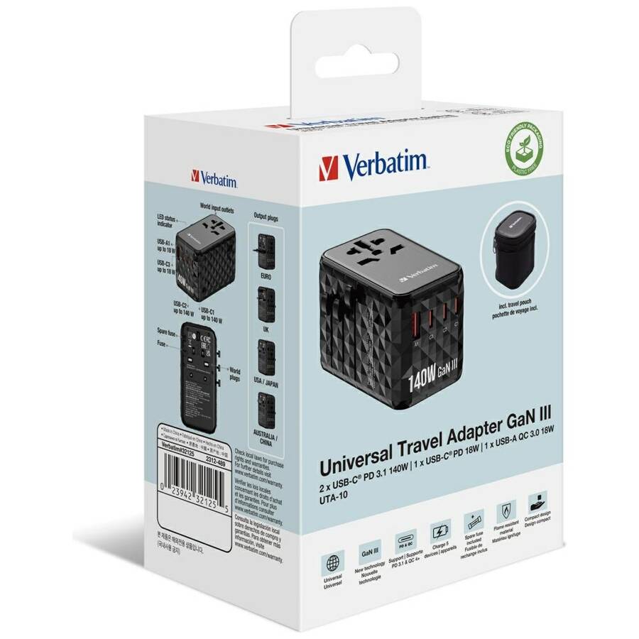 Verbatim Adapter podróżny EU/UK/US GaN USB-A/3xUSB-C PD 140W UTA-10 czarny/black 32125