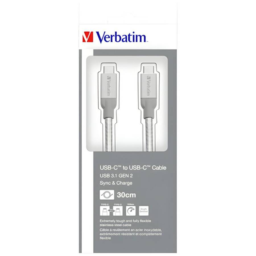 Verbatim Kabel stalowy USB-C/USB-C 3A 30cm srebrny/silver 48867