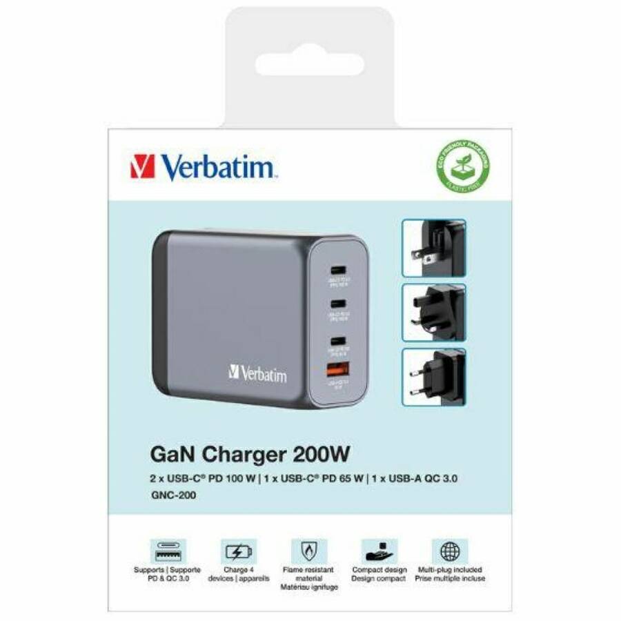 Verbatim Ładowarka sieciowa GaN 200W 3xUSB-C/USB-A + Adapter EU/UK/US GNC-200 32204