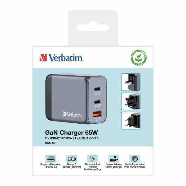 Verbatim Ładowarka sieciowa GaN 65W 2xUSB-C/USB-A + Adapter EU/UK/US GNC-65 32201