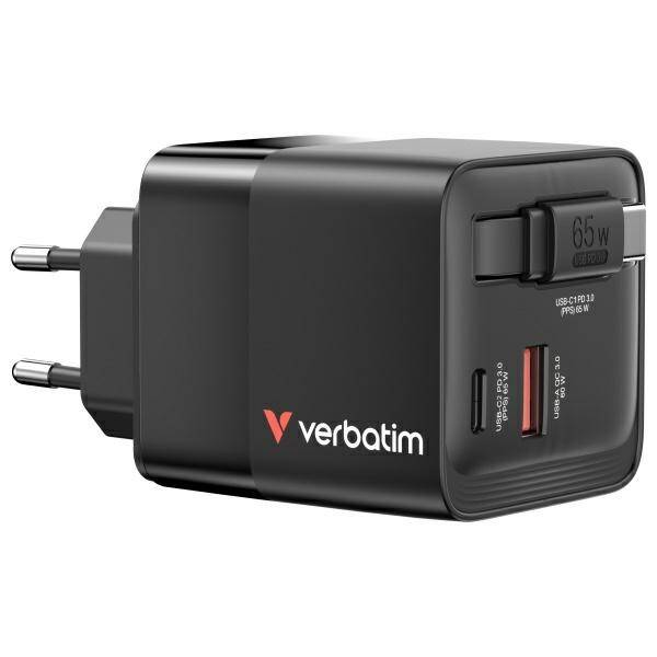 Verbatim Ładowarka sieciowa GaN 65W       2xUSB-C/USB-A + Adapter EU/UK/US czarny/black 32217