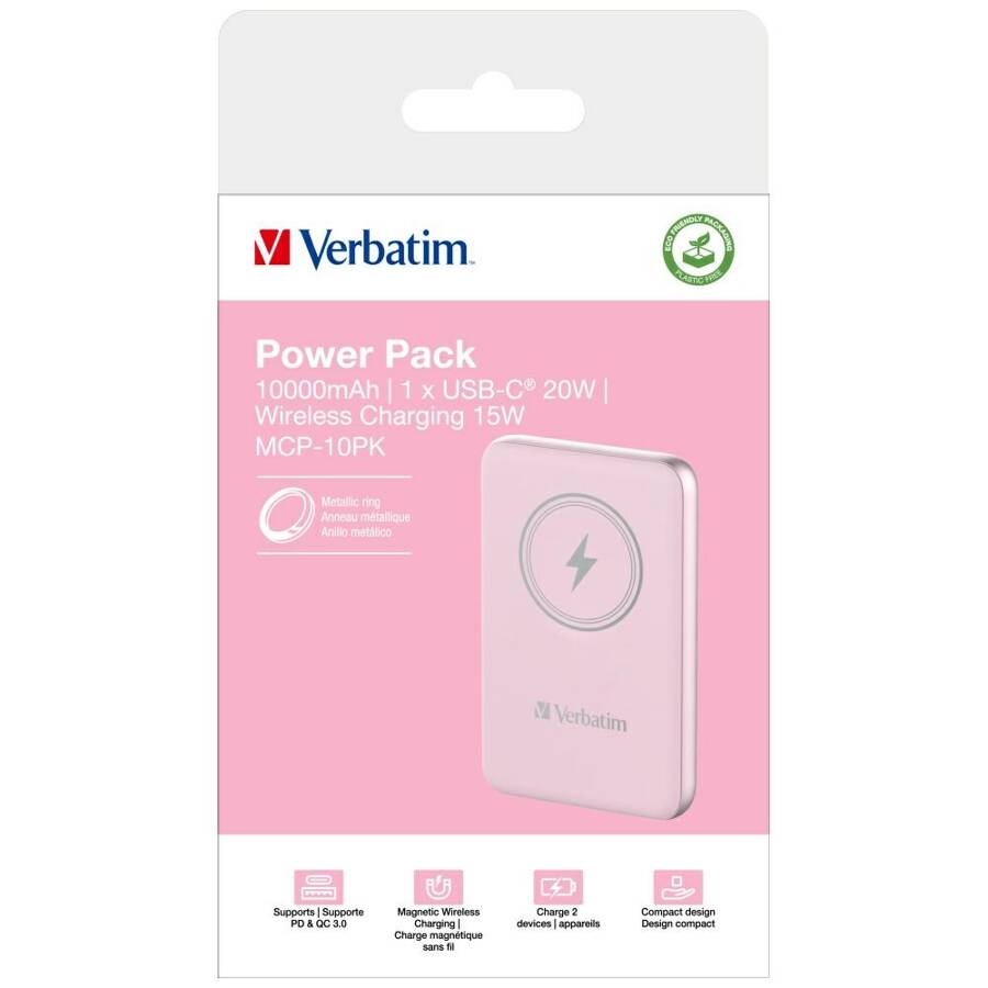 Verbatim Powerbank indukcyjny `n` Go 15W 10000mAh Wireless Magnetic różowy/pink 32248