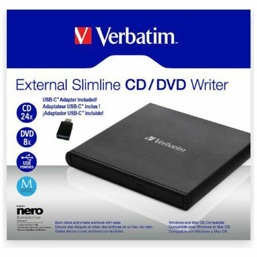 Verbatim Zewnętrzna nagrywarka Slimline   CD/DVD USB-A + kabel USB-A/USB-A do USB-C czarny/black 98938